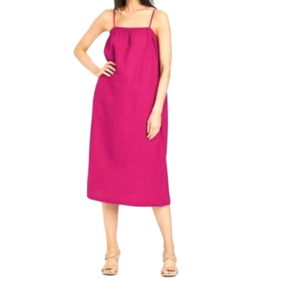 A New Day Magenta Pink Easy Linen Square Neck Tank Shift Midi Dress Small